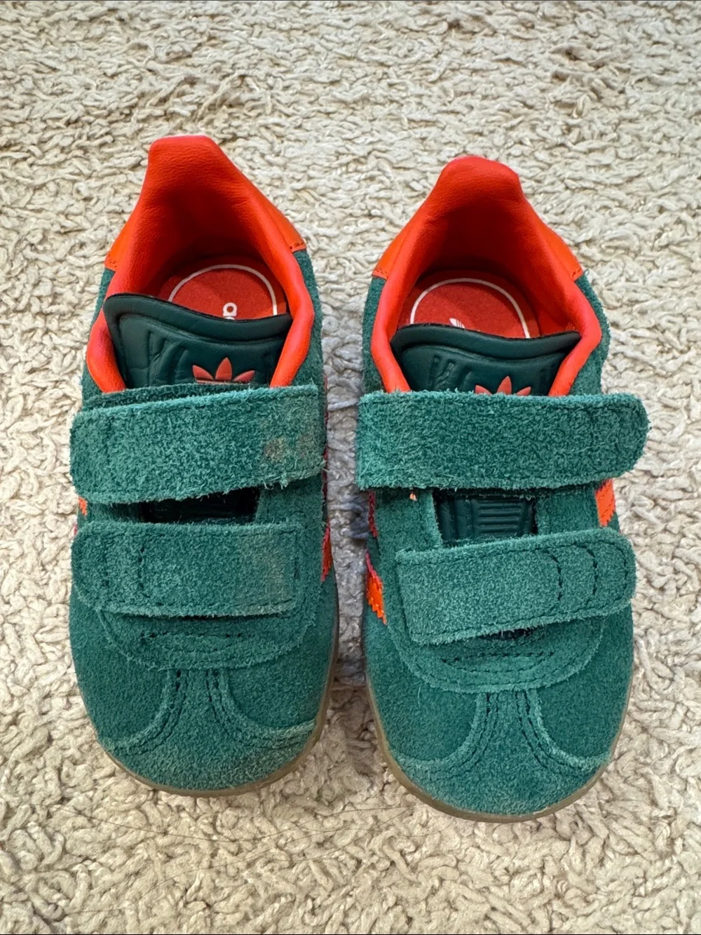 adidas Kids Gazelle Green Suede Sneakers with Orange Stripes